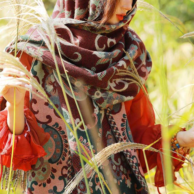 Buddha Stones Tybetańskie Kwiaty Liście Gałąź Projekt Chwost Chustka Przytulny Podróżny Szalik Otulacz - image 4