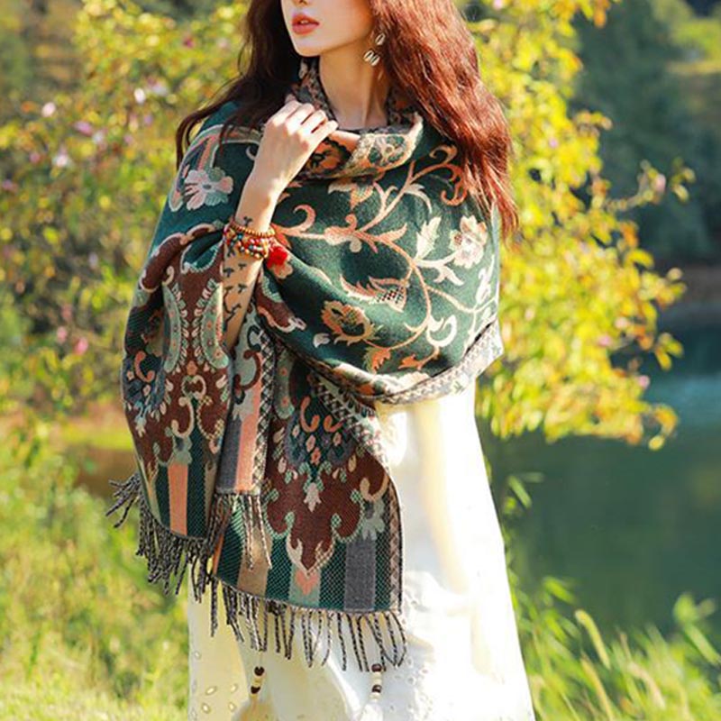 Buddha Stones Tybetańskie Kwiaty Liście Gałąź Projekt Chwost Chustka Przytulny Podróżny Szalik Otulacz - image 27