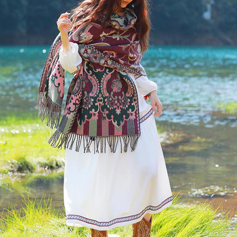 Buddha Stones Tybetańskie Kwiaty Liście Gałąź Projekt Chwost Chustka Przytulny Podróżny Szalik Otulacz - image 19