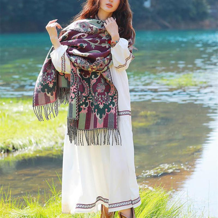 Buddha Stones Tybetańskie Kwiaty Liście Gałąź Projekt Chwost Chustka Przytulny Podróżny Szalik Otulacz - image 17