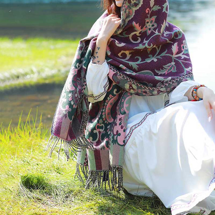 Buddha Stones Tybetańskie Kwiaty Liście Gałąź Projekt Chwost Chustka Przytulny Podróżny Szalik Otulacz - image 14