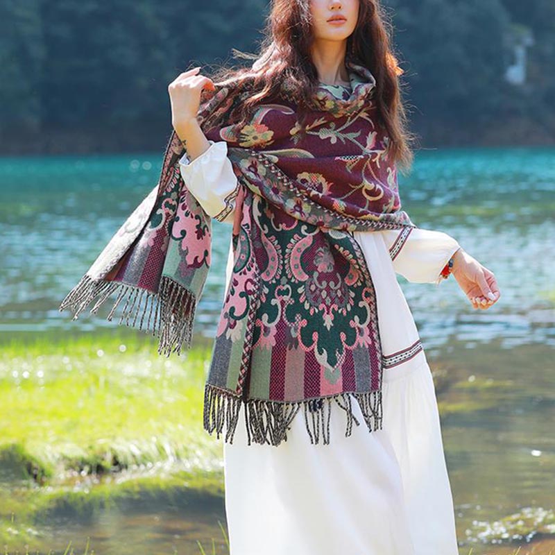 Buddha Stones Tybetańskie Kwiaty Liście Gałąź Projekt Chwost Chustka Przytulny Podróżny Szalik Otulacz - image 11