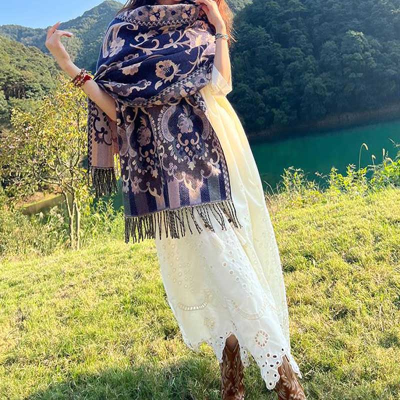 Buddha Stones Tybetańskie Kwiaty Liście Gałąź Projekt Chwost Chustka Przytulny Podróżny Szalik Otulacz - image 34