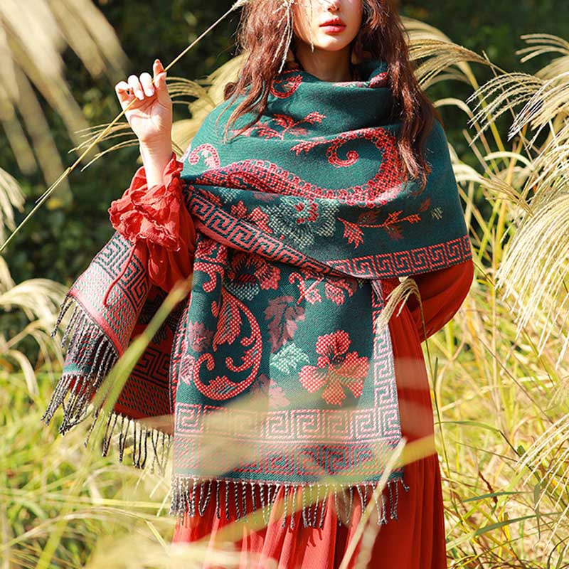 Buddha Stones Tybetańskie Kwiaty Liście Wzór Projekt Szal Przytulny Szal Podróżny Otulacz - Zielony - image 0