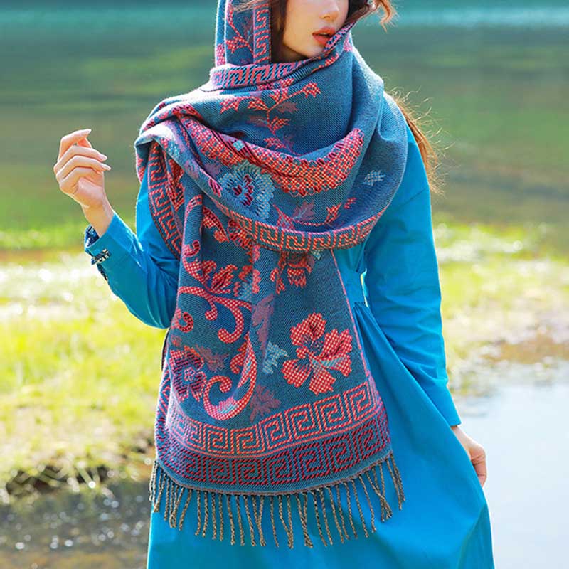 Buddha Stones Tybetańskie Kwiaty Liście Wzór Projekt Szal Przytulny Szal Podróżny Otulacz - Niebieski - image 9