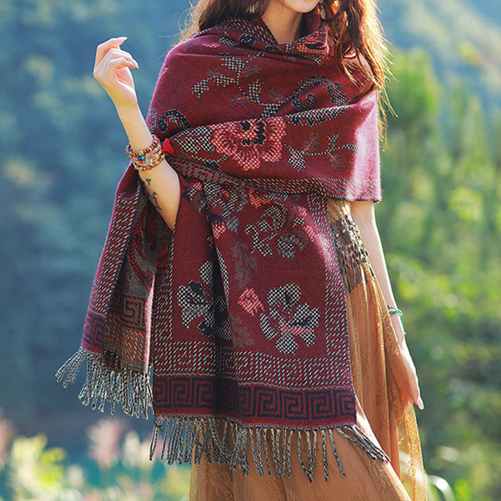 Buddha Stones Tybetańskie Kwiaty Liście Wzór Projekt Szal Przytulny Szal Podróżny Otulacz - Ciemnoczerwony - image 19