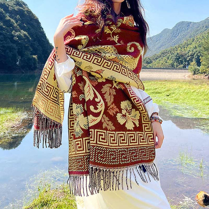 Buddha Stones Tybetańskie Kwiaty Liście Wzór Projekt Szal Przytulny Szal Podróżny Otulacz - Czerwony beż - image 30