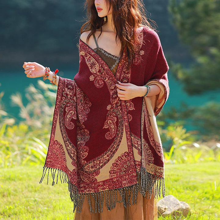 Buddha Stones Tybetańskie Liście Winorośli Wzór Projekt Szal Przytulny Szal Podróżny Otulacz - Czerwony beż - image 0