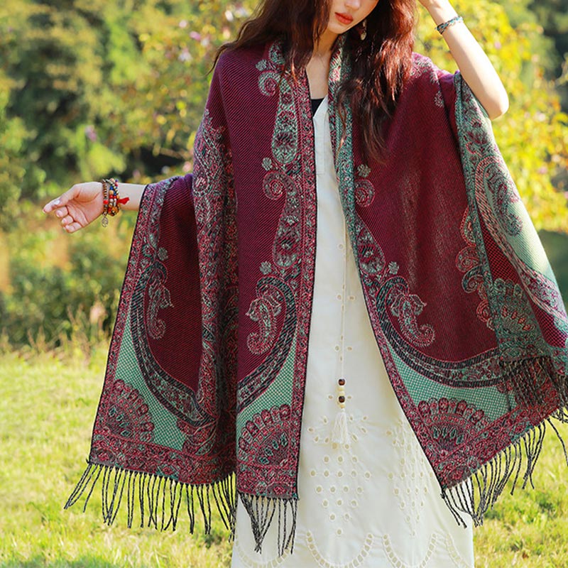 Buddha Stones Tybetańskie Liście Winorośli Wzór Projekt Szal Przytulny Szal Podróżny Otulacz - Czerwony Zielony - image 13