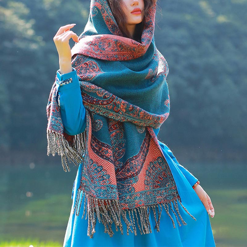 Buddha Stones Tybetańskie Liście Winorośli Wzór Projekt Szal Przytulny Szal Podróżny Otulacz - Niebieski - image 22