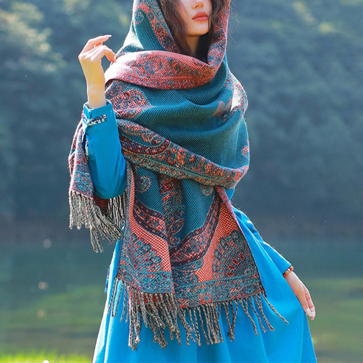 Buddha Stones Tybetańskie Liście Winorośli Wzór Projekt Szal Przytulny Szal Podróżny Otulacz - Niebieski - image 22