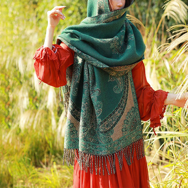 Buddha Stones Tybetańskie Liście Winorośli Wzór Projekt Szal Przytulny Szal Podróżny Otulacz - Ciemnozielony - image 31