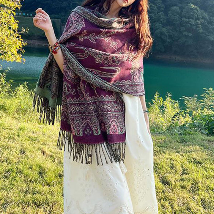 Buddha Stones Vintage Tybetańskie Liście Wzór Projekt Szal Przytulny Podróżny Szalik Owijany - image 4