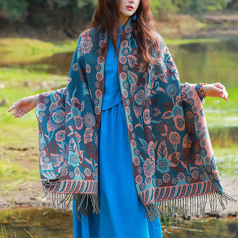 Buddha Stones Tybetańskie Kwiaty Kwiatowe Liście Wzór Projekt Szal Przytulny Podróżny Szalik Owijany - image 2