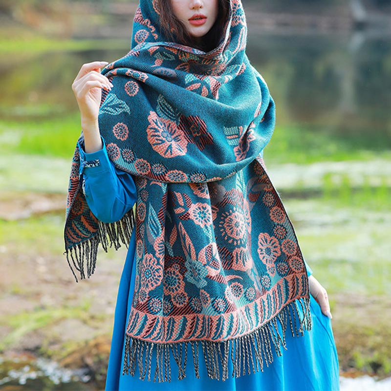 Buddha Stones Tybetańskie Kwiaty Kwiatowe Liście Wzór Projekt Szal Przytulny Podróżny Szalik Owijany - image 1