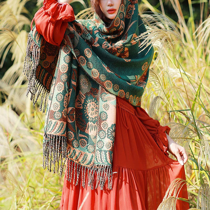 Buddha Stones Tybetańskie Kwiaty Kwiatowe Liście Wzór Projekt Szal Przytulny Podróżny Szalik Owijany - Zielony - image 20