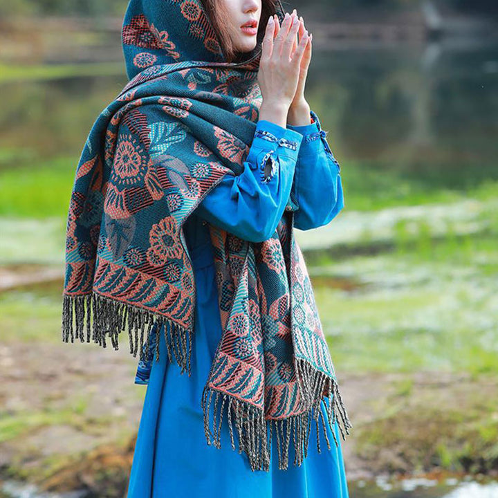 Buddha Stones Tybetańskie Kwiaty Kwiatowe Liście Wzór Projekt Szal Przytulny Podróżny Szalik Owijany - image 6