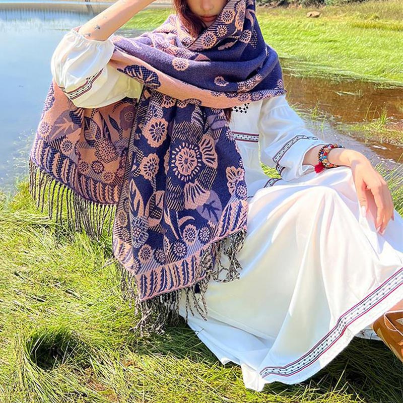 Buddha Stones Tybetańskie Kwiaty Kwiatowe Liście Wzór Projekt Szal Przytulny Podróżny Szalik Owijany - image 38