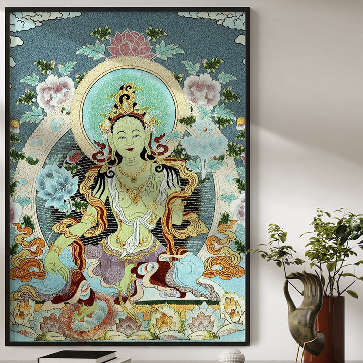 Buddha Stones Tybetańskie Haftowane Białe Tary Thangka Gobelin Ścienny Wiszący Sztuka Ścienna Medytacja Do Wystroju Domu