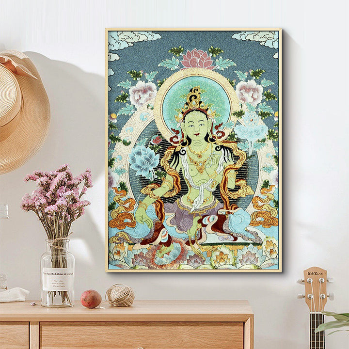 Buddha Stones Tybetańskie Haftowane Białe Tary Thangka Gobelin Ścienny Wiszący Sztuka Ścienna Medytacja Do Wystroju Domu