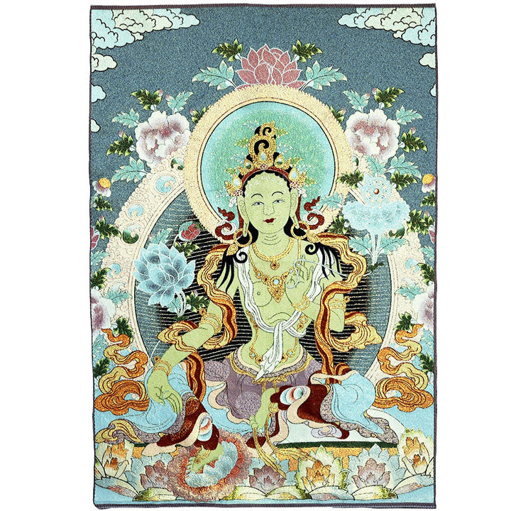 Buddha Stones Tybetańskie Haftowane Białe Tary Thangka Gobelin Ścienny Wiszący Sztuka Ścienna Medytacja Do Wystroju Domu