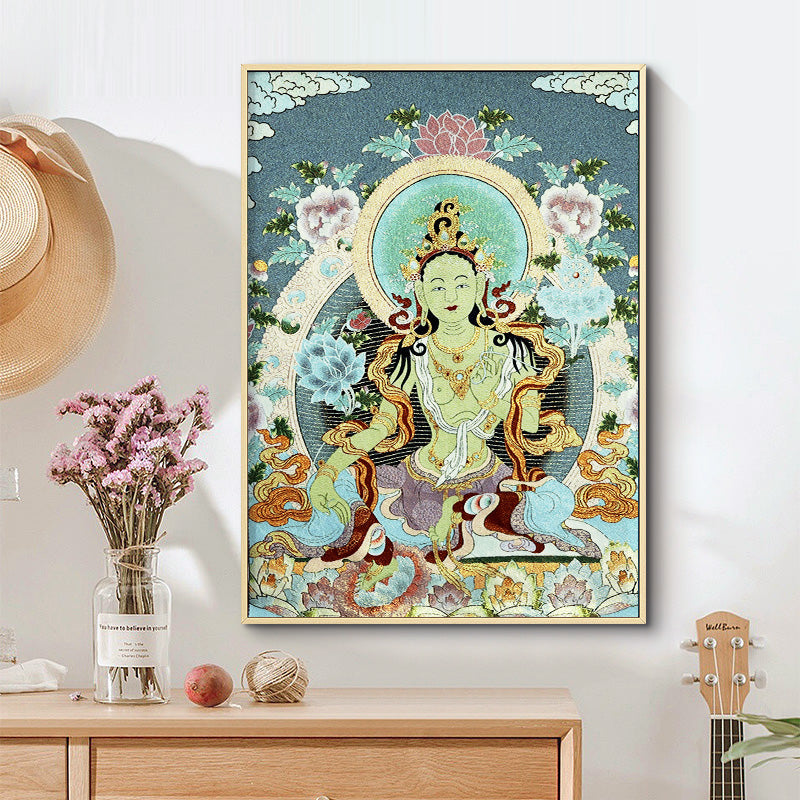 Buddha Stones Tybetańskie Haftowane Białe Tary Thangka Gobelin Ścienny Wiszący Sztuka Ścienna Medytacja Do Wystroju Domu