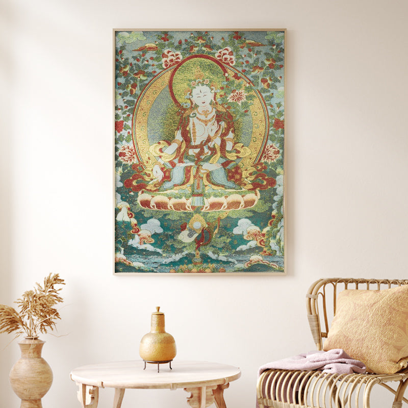 Buddha Stones Tybetańskie Haftowane Białe Tary Thangka Gobelin Ścienny Wiszący Sztuka Ścienna Medytacja Do Wystroju Domu