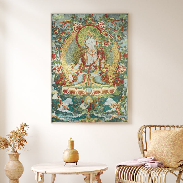 Buddha Stones Tybetańskie Haftowane Białe Tary Thangka Gobelin Ścienny Wiszący Sztuka Ścienna Medytacja Do Wystroju Domu