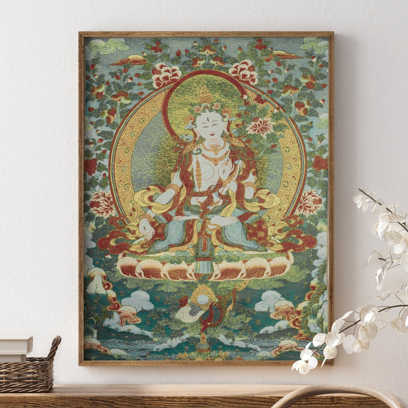 Buddha Stones Tybetańskie Haftowane Białe Tary Thangka Gobelin Ścienny Wiszący Sztuka Ścienna Medytacja Do Wystroju Domu