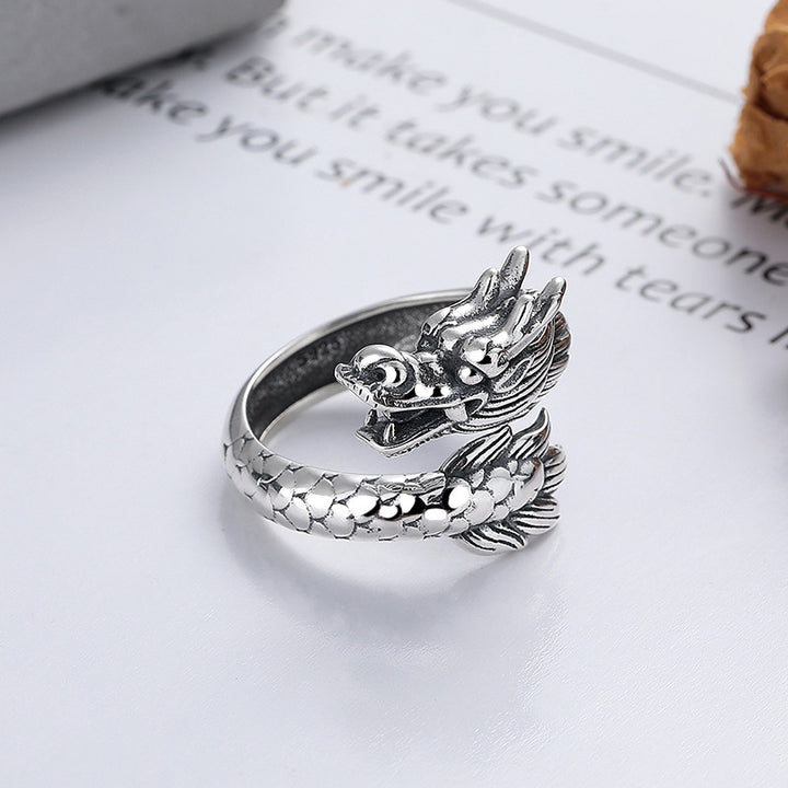Buddha Stones 925 Srebro Sterling Rok Smoka Szczęście Siła Regulowany Metalowy Pierścień