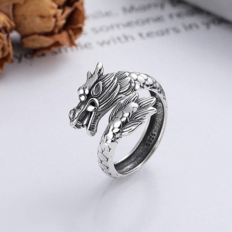 Buddha Stones 925 Srebro Sterling Rok Smoka Szczęście Siła Regulowany Metalowy Pierścień