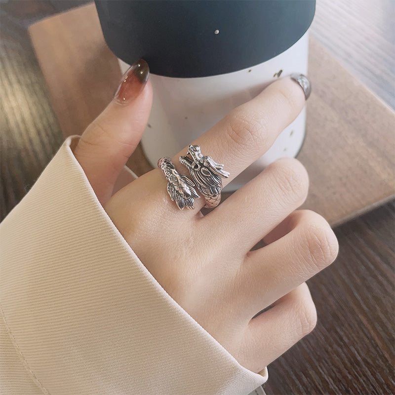 Buddha Stones 925 Srebro Sterling Rok Smoka Szczęście Siła Regulowany Metalowy Pierścień - image 7