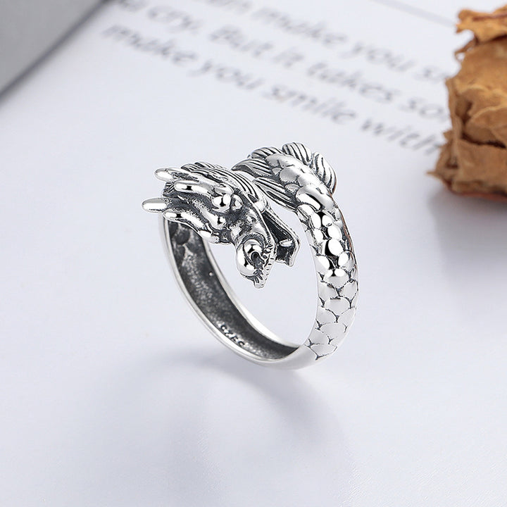 Buddha Stones 925 Srebro Sterling Rok Smoka Szczęście Siła Regulowany Metalowy Pierścień