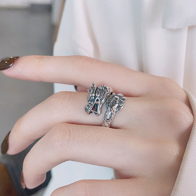 Buddha Stones 925 Srebro Sterling Rok Smoka Szczęście Siła Regulowany Metalowy Pierścień