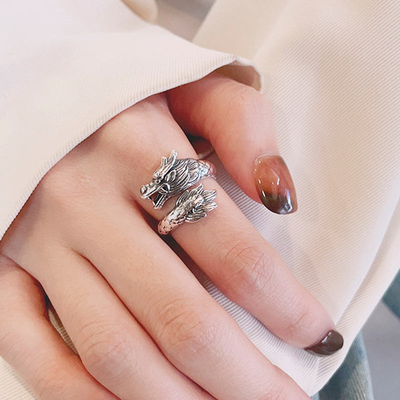 Buddha Stones 925 Srebro Sterling Rok Smoka Szczęście Siła Regulowany Metalowy Pierścień - image 5