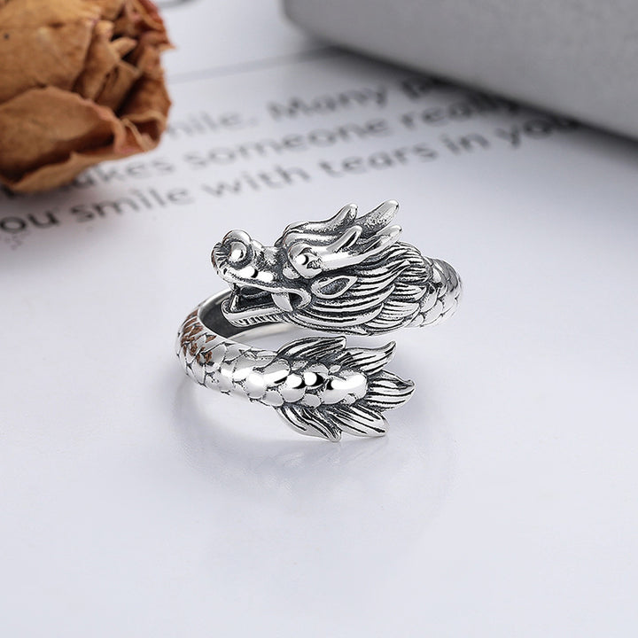 Buddha Stones 925 Srebro Sterling Rok Smoka Szczęście Siła Regulowany Metalowy Pierścień