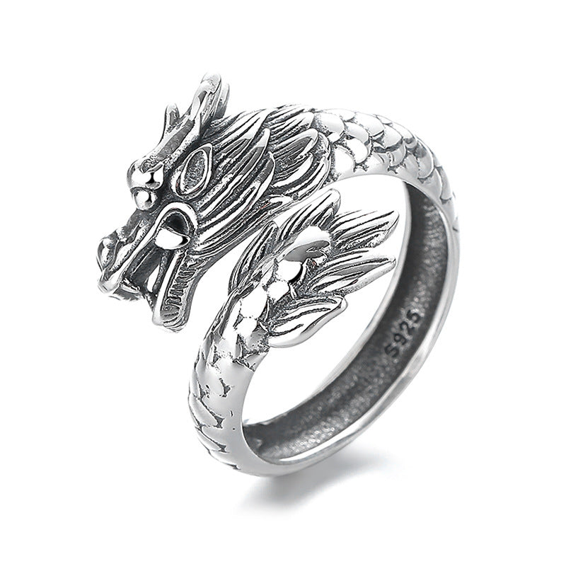 Buddha Stones 925 Srebro Sterling Rok Smoka Szczęście Siła Regulowany Metalowy Pierścień