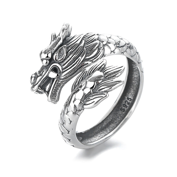 Buddha Stones 925 Srebro Sterling Rok Smoka Szczęście Siła Regulowany Metalowy Pierścień