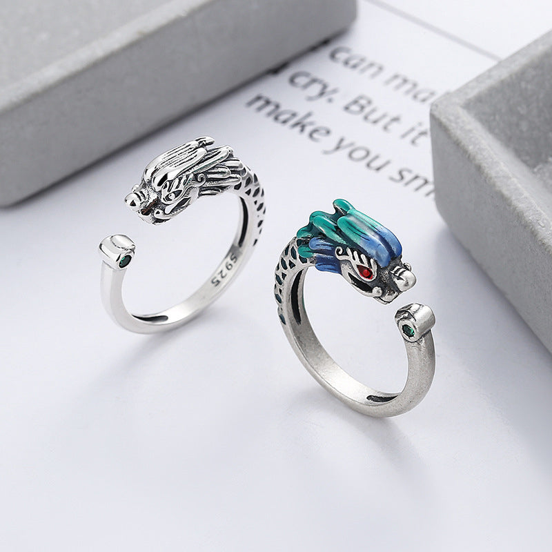 Buddha Stones 925 Srebro Sterling Rok Smoka Ochrona Szczęścia Regulowany Metalowy Pierścień - image 1