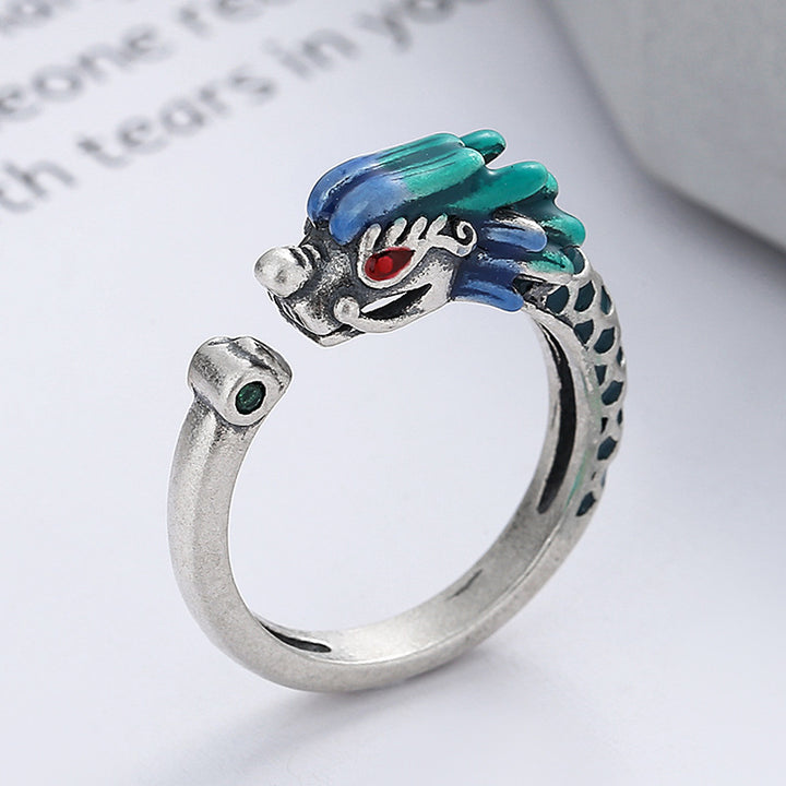 Buddha Stones 925 Srebro Sterling Rok Smoka Ochrona Szczęścia Regulowany Metalowy Pierścień