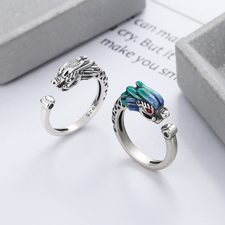Buddha Stones 925 Srebro Sterling Rok Smoka Ochrona Szczęścia Regulowany Metalowy Pierścień - image 1