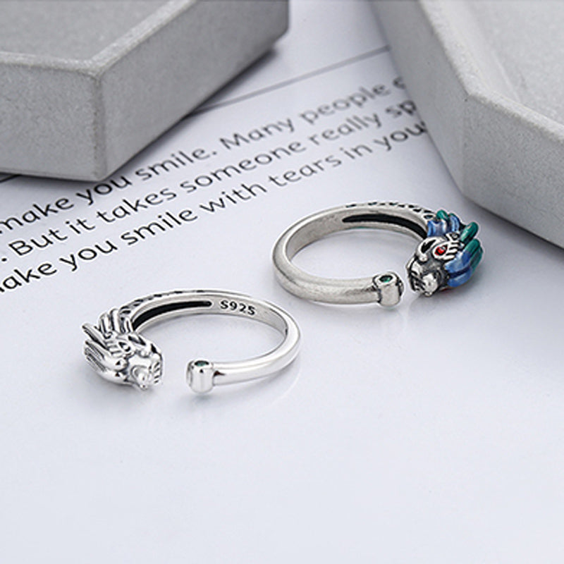 Buddha Stones 925 Srebro Sterling Rok Smoka Ochrona Szczęścia Regulowany Metalowy Pierścień