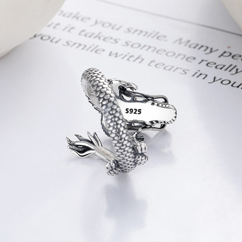 Pierścionek metalowy Buddha Stones Vintage 925 Sterling Silver Year Of the Dragon Design Luck