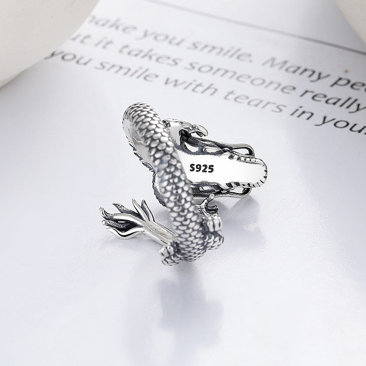 Pierścionek metalowy Buddha Stones Vintage 925 Sterling Silver Year Of the Dragon Design Luck
