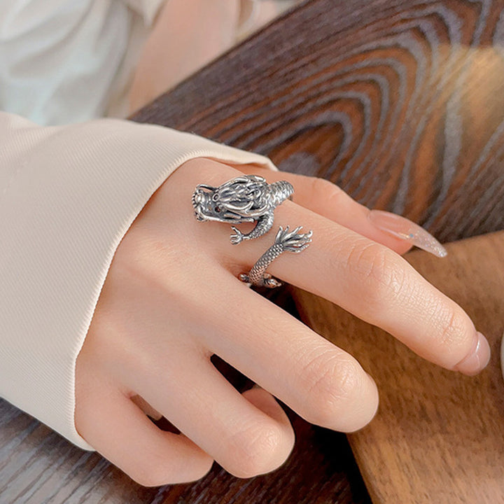 Pierścionek metalowy Buddha Stones Vintage 925 Sterling Silver Year Of the Dragon Design Luck