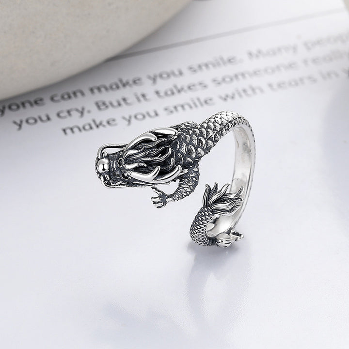 Pierścionek metalowy Buddha Stones Vintage 925 Sterling Silver Year Of the Dragon Design Luck