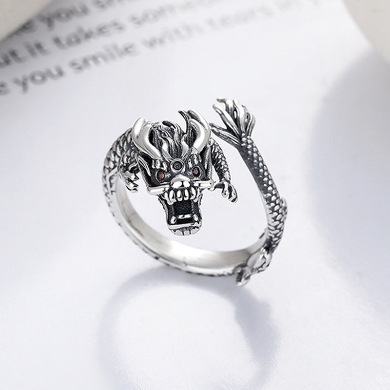 Pierścionek metalowy Buddha Stones Vintage 925 Sterling Silver Year Of the Dragon Design Luck