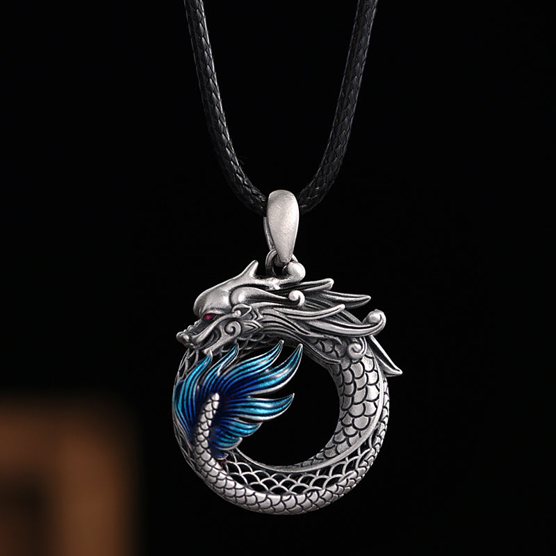 Buddha Stones 999 Srebro Sterling Rok Smoka Pomyślny Pokój Klamra Rzeźbiony Naszyjnik Sukces Wisiorek