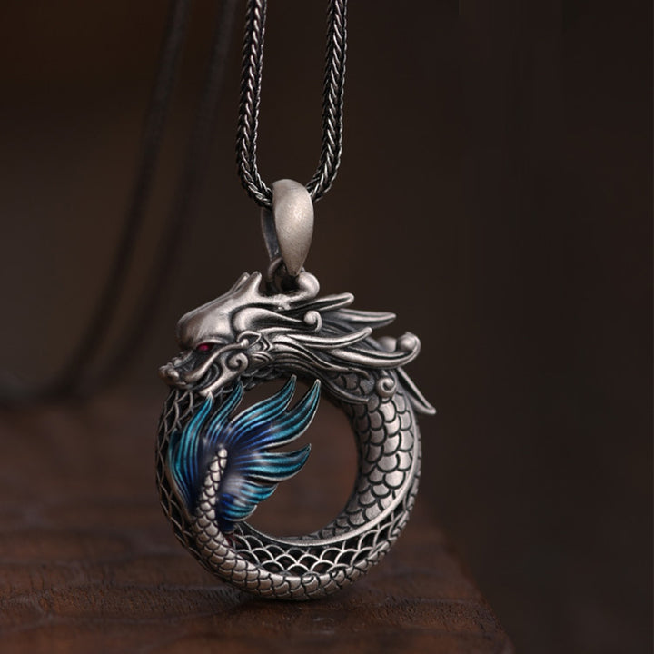 Buddha Stones 999 Srebro Sterling Rok Smoka Pomyślny Pokój Klamra Rzeźbiony Naszyjnik Sukces Wisiorek