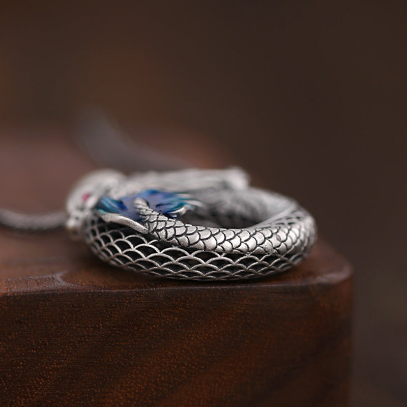 Buddha Stones 999 Srebro Sterling Rok Smoka Pomyślny Pokój Klamra Rzeźbiony Naszyjnik Sukces Wisiorek